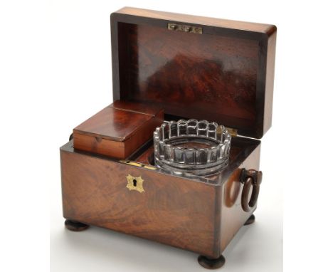 An early 19th Century mahogany tea caddy, by J.N.D. White & Son, Upholsterer & Cabinet Makers, North Street, rectangular, wit