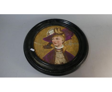 An Ebonised Circular Framed Ceramic Plaque Depicting Maiden with Bonnet, Badly Broken, 43cm Diameter 