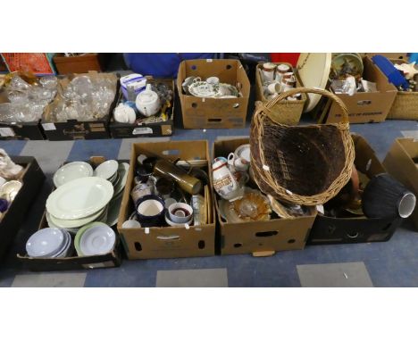 Four Boxes of China, Glassware, Table Lamp, Wicker Basket etc 