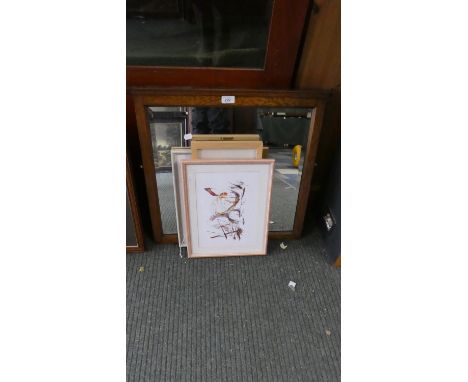An Oak Framed Dressing Table Mirror and Three Prints 