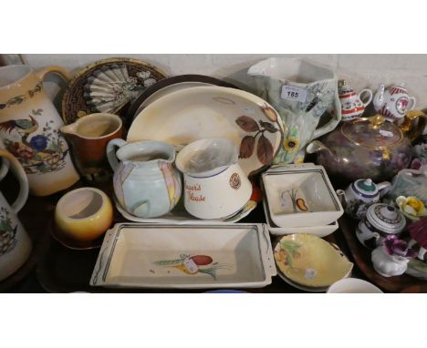 A Tray of Ceramics to Include Radford Butterfly Jug, Susie Cooper Bowls, Majolica Plate, Carlton Ware 