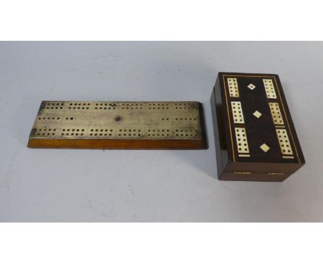 An Inlaid Cribbage Box Containing Playing Cards and Counters Together with a Brass Mounted Cribbage Board 