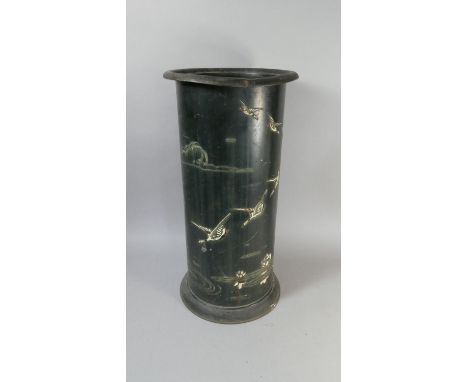 A Late 19th Century/Early 20th Century Oriental Toleware Stick Stand Decorated in Relief with Geese Landing on Lake, 56cm Hig