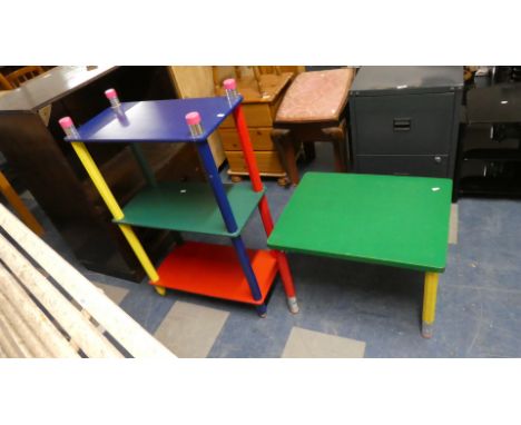 A Three Tier Child's Shelf Unit with Pencil Shaped Supports and Matching Table 