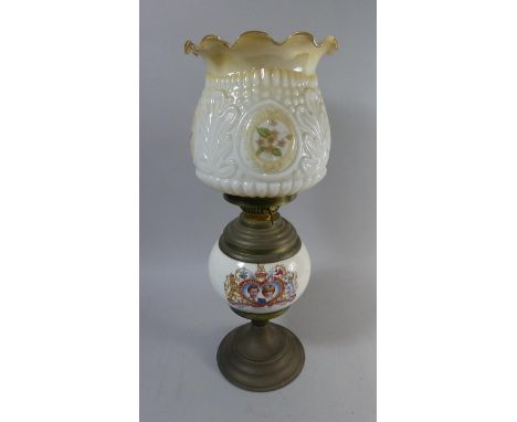 A Charles and Diana Brass Mounted Oil Lamp, Opaque Glass Shade, 48cm High 
