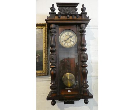 A Late Victorian Walnut Vienna Style Wall Clock with Half Pilaster Decoration, 100cm High 