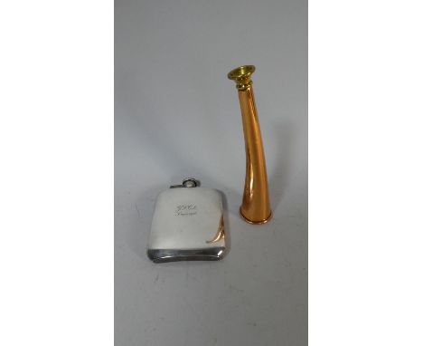 A Copper Hunting Horn and a Silver Plated Hipflask Inscribed G F COLE XMAS 1946 