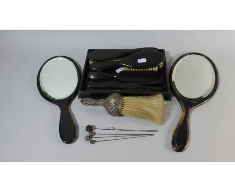 A Collection of Ebonised Dressing Table Sets, Silver Mounted Brush and Collection of Five Hat Pins 