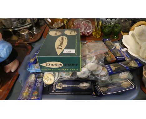 A Collection of Souvenir Teaspoons, Enamelled Disks and Box of Dunlop Fort Vintage Tennis Balls 