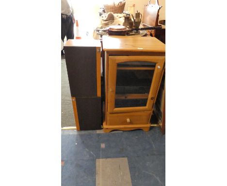 A Pine Music Cabinet Containing Technics Turn Table CD Player and Amp with Two KEF Speakers 