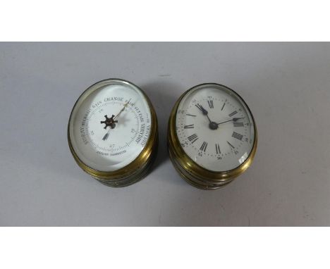 A Pair of Oval Weather Station Movements to Include Clock and Aneroid Barometer, Both 7.5cm High 
