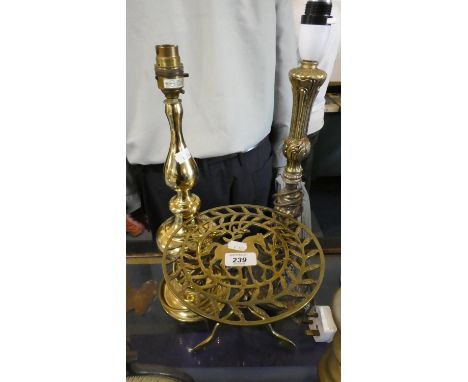 Two Brass Table Lamps and a Pierced Circular Kettle Trivet 