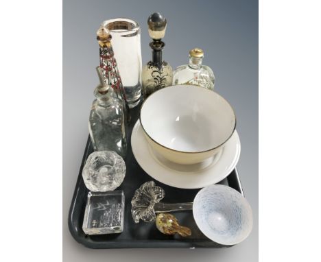 A group of Scandinavian decanters including Holmegaard, textured glass tea light holder, other glass wares.