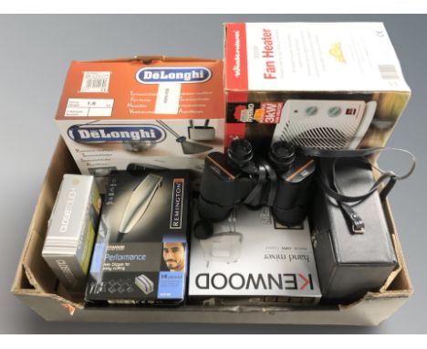 A pair of Prinz 10x50 binoculars, boxed electricals including Kenwood mixer, Remington razor, Delonghi heater, etc. (1 box)