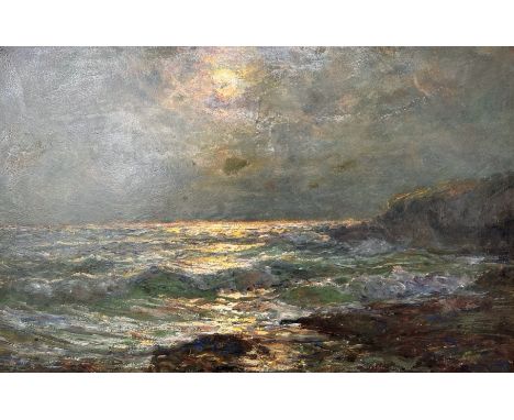 John Falconar Slater (British, 1857 - 1937) : Seascape Under Moonlight, oil on board, signed, 47 cm x 73 cm, framed. 