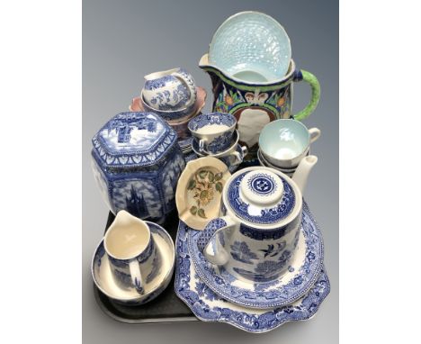 A group of Maling lustre ceramics, jug, blue and white willow pattern tea china, Ringtons cathedral caddy, etc.