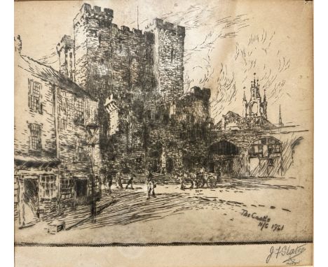 John Falconar Slater (British, 1857 - 1937) : The Castle (Newcastle), 1921, drypoint etching, signed in pencil, 23 cm x 25 cm