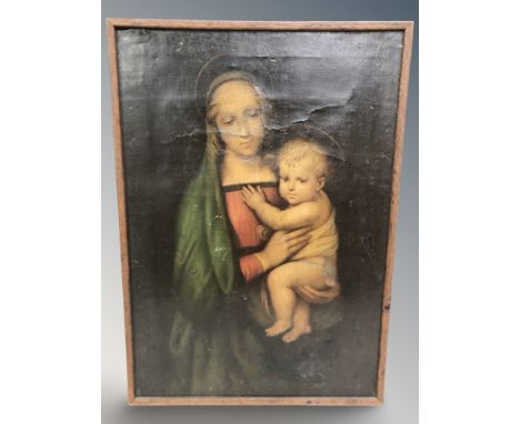 An antiquarian oleograph depicting the Madonna and child, in oak frame, 45 cm x 33 cm.