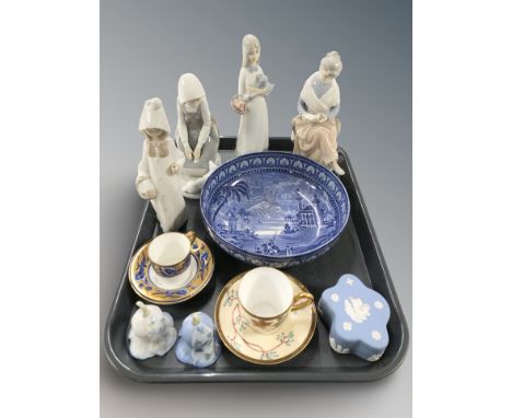 A group of Lladro and other Spanish figures, Shelley gilt and cobalt blue coffee can and saucer, a Maling blue and white frui
