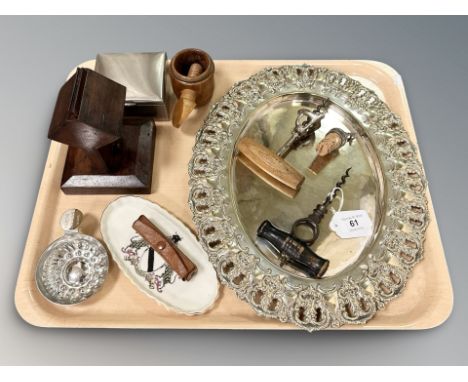 A group of collectables including Donkey sanctury bottle top, cork screws, treen nut cracker,  mahjong dice etc 