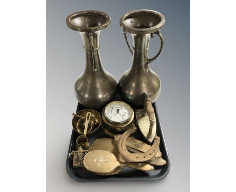 A large pair of twin handled brass vases, mortar and pestle, circular barometer, dressing table brushes, etc.