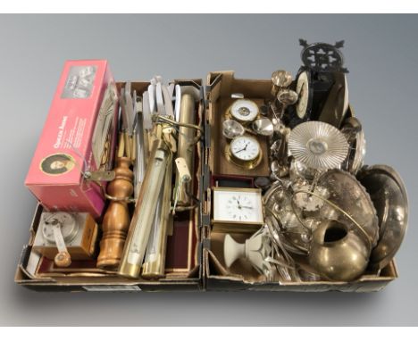 Miscellaneous EPNS and other metalwares, cutlery, gallery style lights, a coffee grinder, quartz timepiece and barometer moun