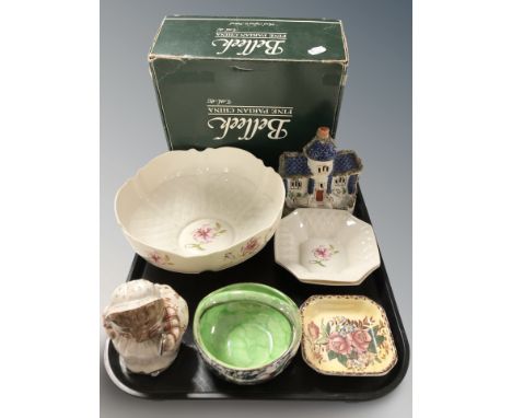 A Belleek porcelain fruit bowl with box, diameter 24 cm, a further pair of octagonal dishes, two pieces of Maling Ware, a Sta