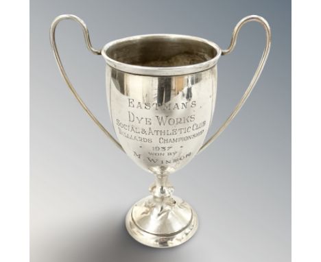 A silver twin-handled billiards trophy, with inscription dated 1937, height 13 cm. CONDITION REPORT: 55.6g.