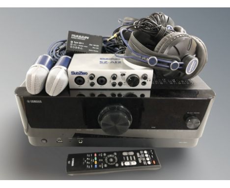 A Yamaha RX-V6A receiver, together with two pairs of sub zero headphones, a further sub zero audio interface, two microphones