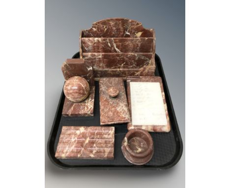 A rouge marble correspondence rack, bookend, pen stand, desk blotter, etc.