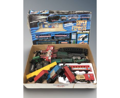 A battery operated train set in box, further modern model locomotives and passenger cars. (1 box)