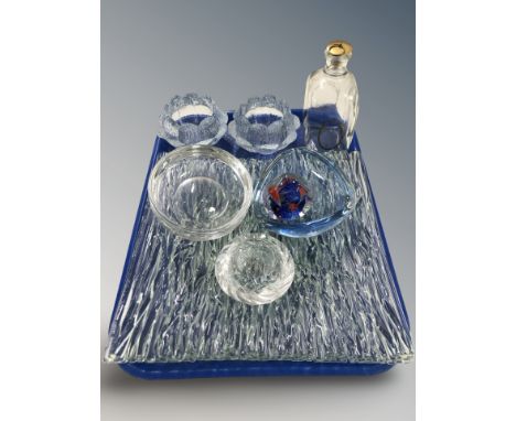 A Holmegaard glass decanter, pair of Scandinavian textured glass tea light holders, similar fruit bowl, other vessels.