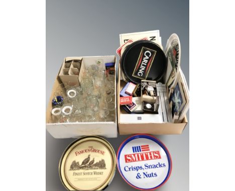 A quantity of beer serving platters bearing advertising, various glasses, matchbooks, a drinks gauge rule by Gaskell & Chambe