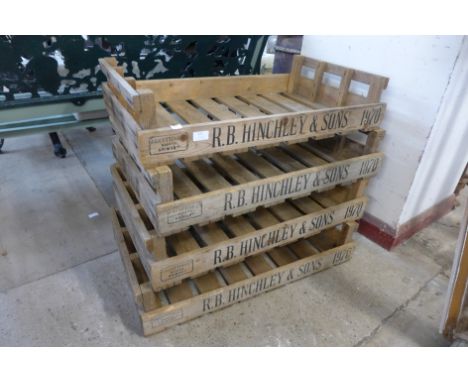 Four vintage R.B Hinchley &amp; Sons pine potato crates 