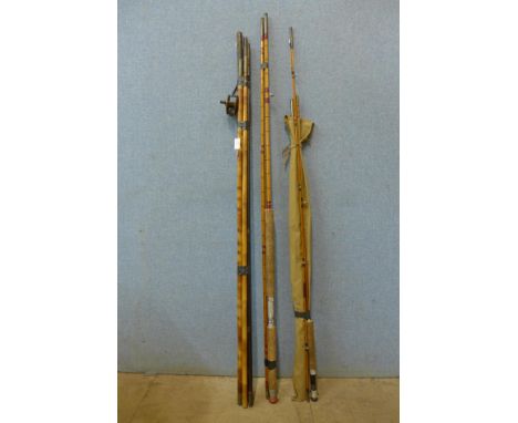 Two vintage fly rods, one split cane rod, a salmon rod and a reel 