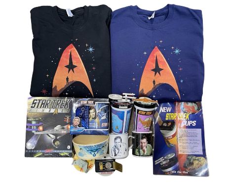 A mixed lot of Star Trek memorabilia, to include: - 2 x Starfleet insignia sweatshirts - Pinball PC Arcade Game  - Collectibl