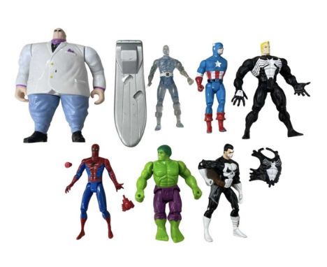 A collection of early 1990s Marvel action figures, some ToyBiz, to include: - Spider-Man - King Pin - The Incredible Hulk - C