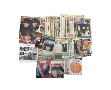 A mixed lot of 1960s rock'n'roll memorabilia, to include: - Various Beatles ephemera, lampshade (af, NO LAMP BASE), sheet mus