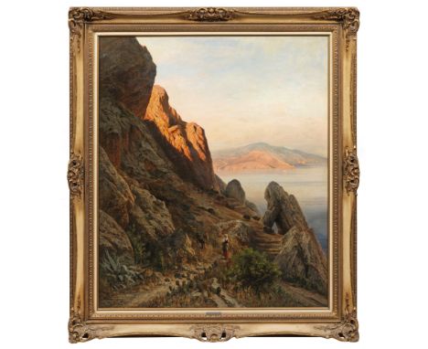 Hermann Krüger(1834 Cottbus - 1908 Baden-Baden)Süditalienische Landschaft mit Ziegenhirtin an der MittelmeerküsteKoloristisch