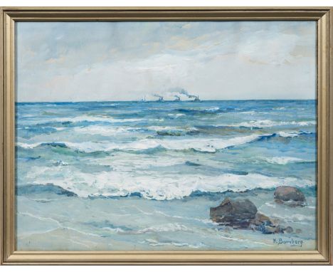 Katharina Bamberg(1873 Stralsund - 1966 ebenda)Die kaiserliche Flotte vor HiddenseeReizvolle Küstenansicht mit vier Schiffen 
