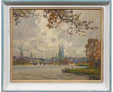 Erich Mercker(1891 Zabern/Elsaß - 1973 München)Herbsttag an der AlsterUnter grauen Wolken die herbstliche, durch Segler beleb