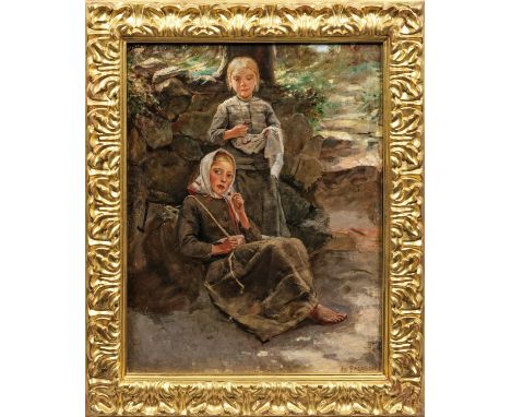 Hugo Fredrik Salmson(1843 Stockholm - 1894 Lund)Zwei Bauernmädchen beim Kirschennaschen an einem WaldrandRealistisches, einfü