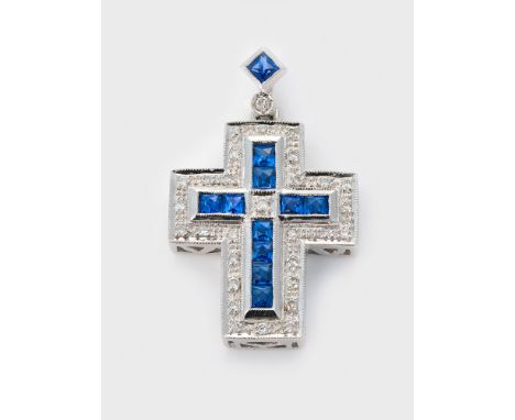 Saphir-Diamant-KreuzanhängerWeißgold, gest. 750. Schauseitig besetzt mit kornblumenblauen Saphiren von zus. ca. 0,60 ct. und 