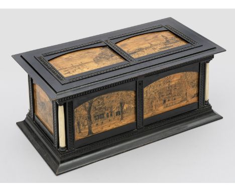 Historismus-SchatulleHolz, ebonisiert sowie große Reserven mit sog. Schwarzlotmalerei. Elfenbein. Gerader, querrechteckig ang