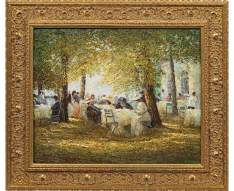 Alexander Thiele(Geb. 1924 München)"Cafégarten am Wannsee". OriginaltitelIm impressionistischen Stil gemalte, nostalgische Ca