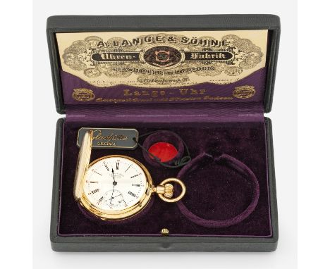 Herrentaschenuhr von A. Lange &amp; SöhneGelbgold, gest. 18 ct.; Fein guillochiertes 2-Deckelgehäuse, weißes Emailzifferblatt