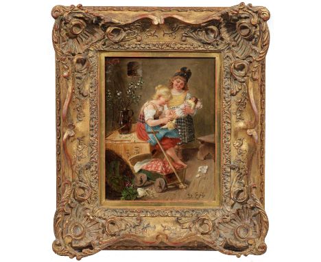 Georg Rössler(1861 Mengen - 1921 München)Die PuppenmütterIn einer einfachen Kammer mit spärlichem Mobiliar, zwei Mädchen lieb