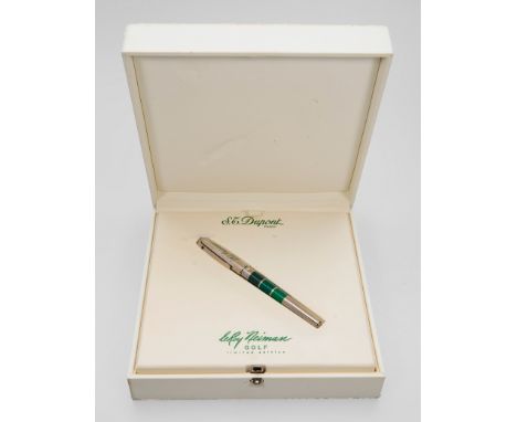 Dupont Füllfederhalter und Kugelschreiber-Set"LeRoy Neiman/Golf"2-tlg.; Silberfarbenes Metall, grüner China-Lack. Kappen mit 