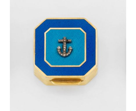 Maritime Miniatur-Pillendoseim Stil von Karl Fabergé. Silber, vergoldet und emailliert. Quadratischer Korpus mit gekanteten E