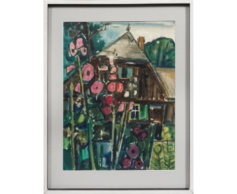 Arnold Balwé(1898 Dresden - 1983 Feldwies)Bauernhaus mit MalwenblütenExpressive, ausschnitthaft komponierte, kräftig konturie